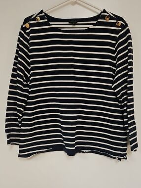 Ann Taylor Navy and White Striped Long-Sleeve Top with Gold Buttons